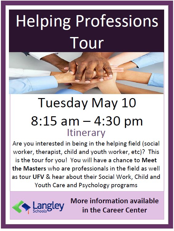 SD35CareerEd's tweet photo. Helping Professions Tour, May 10th -- See your school Career Centre for more information. @LangleySchools https://t.co/sFjT0NP032