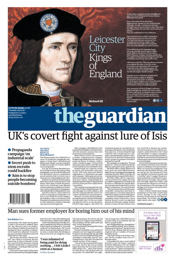When the Guardian has to put the Premiership on their front page they do so in a very Guardian way. #Leicester
