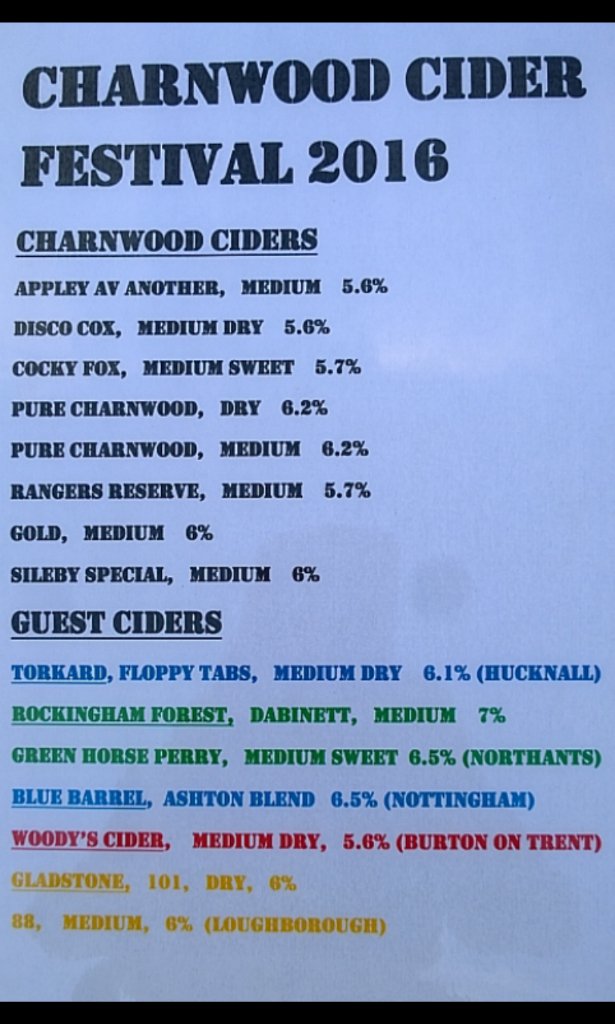 CharnwoodCider's tweet photo. Cider list for the 3rd Charnwood Cider Festival this thurs-sat @BlueMonkeyLboro #realcider #loughborough #bbq #epic https://t.co/CTKRbLoQEj