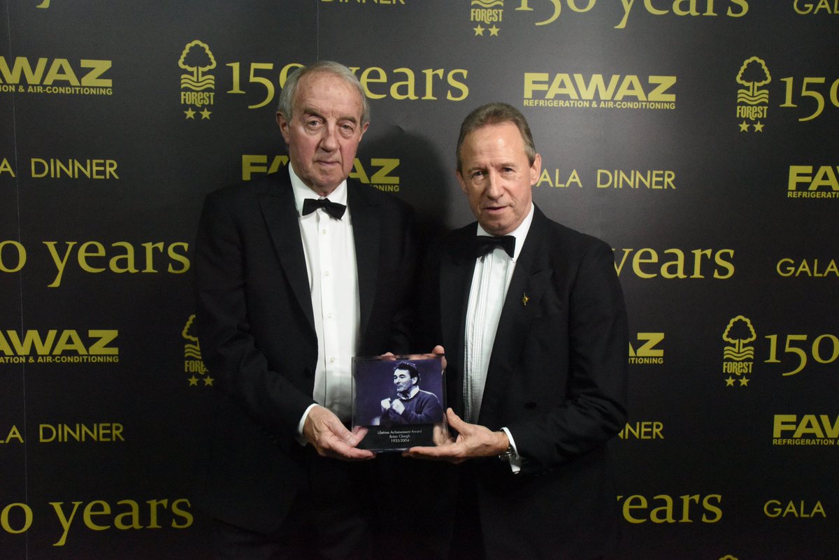 NFFC's tweet photo. Frank Clark and John McGovern collect #NFFC's Lifetime Achievement award on behalf of Brian Clough. https://t.co/qyczIar0Hv