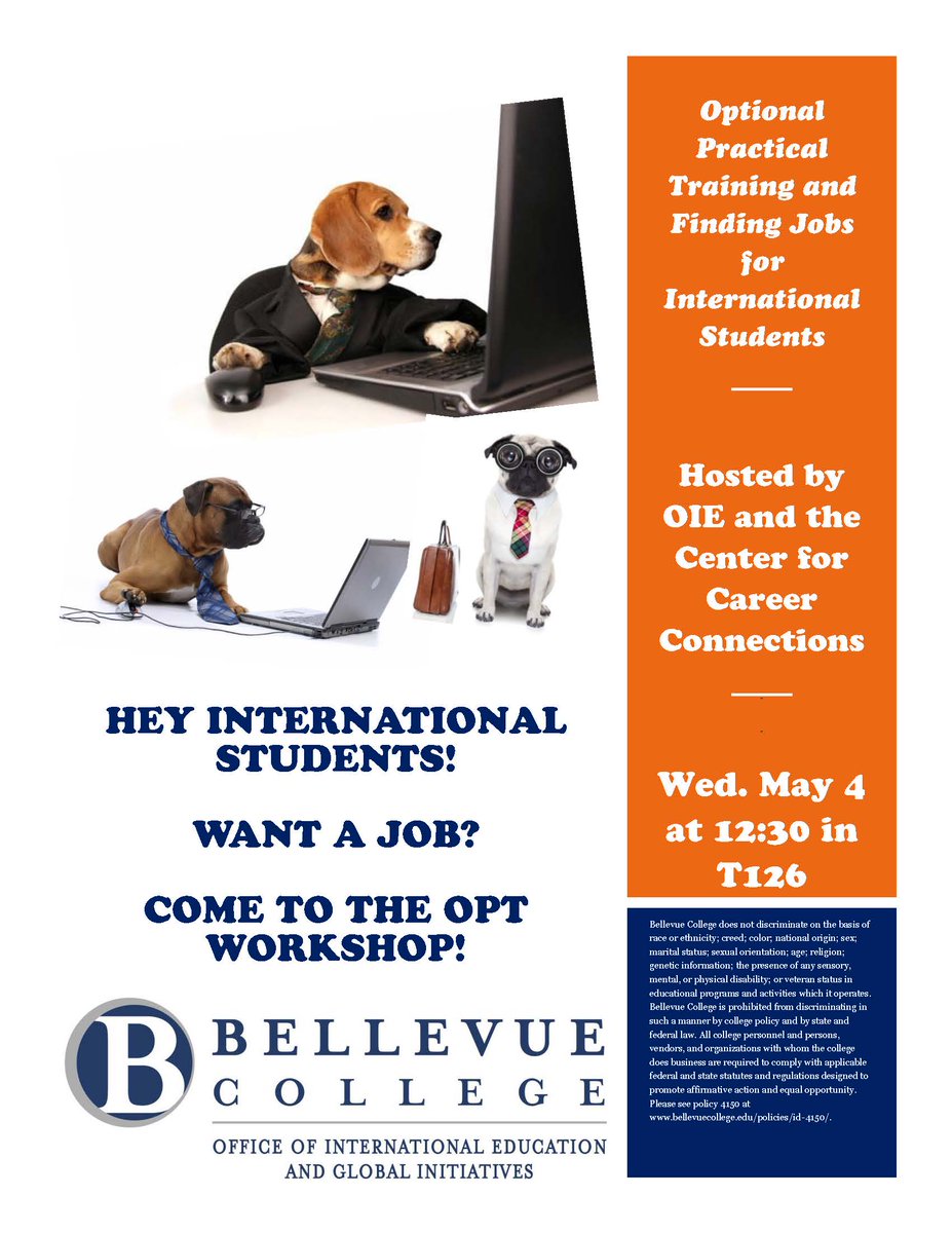 BCOIE's tweet photo. Hey international students! Come to the OPT/Job workshop this Wednesday, May 4th at 12:30pm in T126! #CareerGoals https://t.co/OiqtwzB8UN