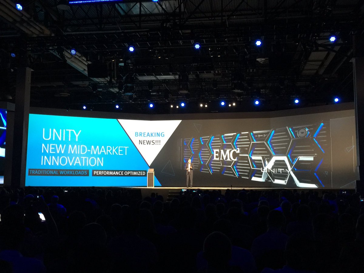 DellTechPartner's tweet photo. David Goulden announces #EMCUnity onstage at #EMCWORLD as part of our year of All Flash! https://t.co/0uOJvb2XMJ