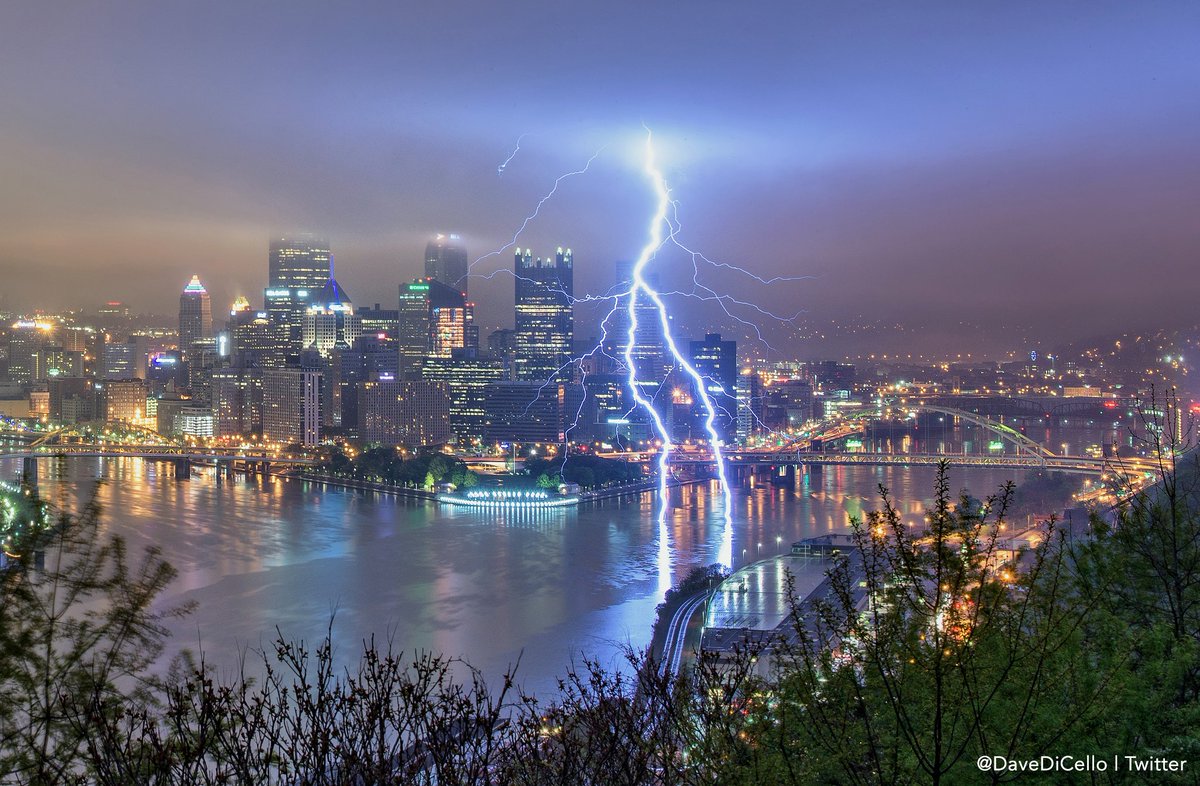 Stunning photo of lightning striking the water in front of downtown Pittsburgh.  📷: <a href="/DaveDiCello/">Dave DiCello</a>