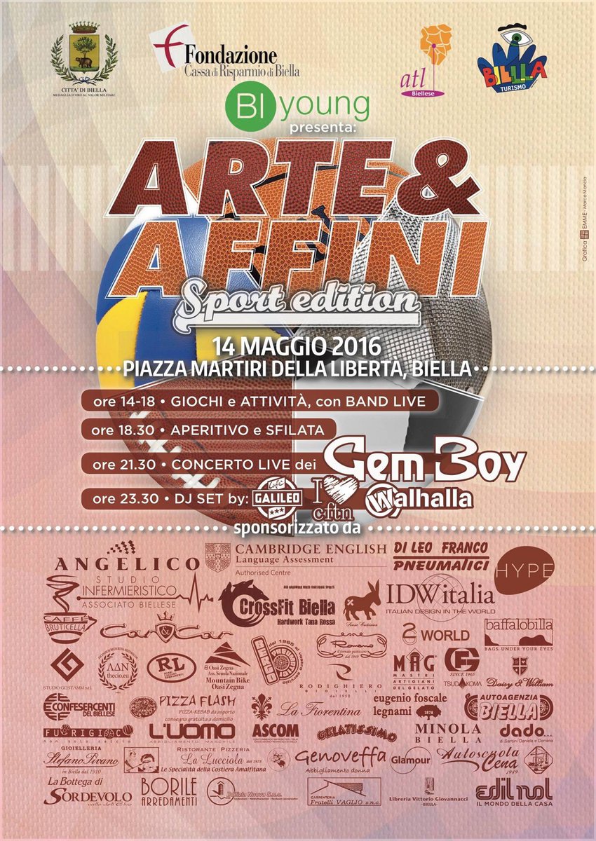 biellayoung's tweet photo. ❗️14 MAGGIO 2016❗️
BI young presenta "ARTI &amp; AFFINI - Sport edition"
SAVE THE DATE!🎉

⚽️🎤⚾⛹🎾️🍻🌭👫🏐🏉🏀🏋 https://t.co/Wbxx51Bh0B