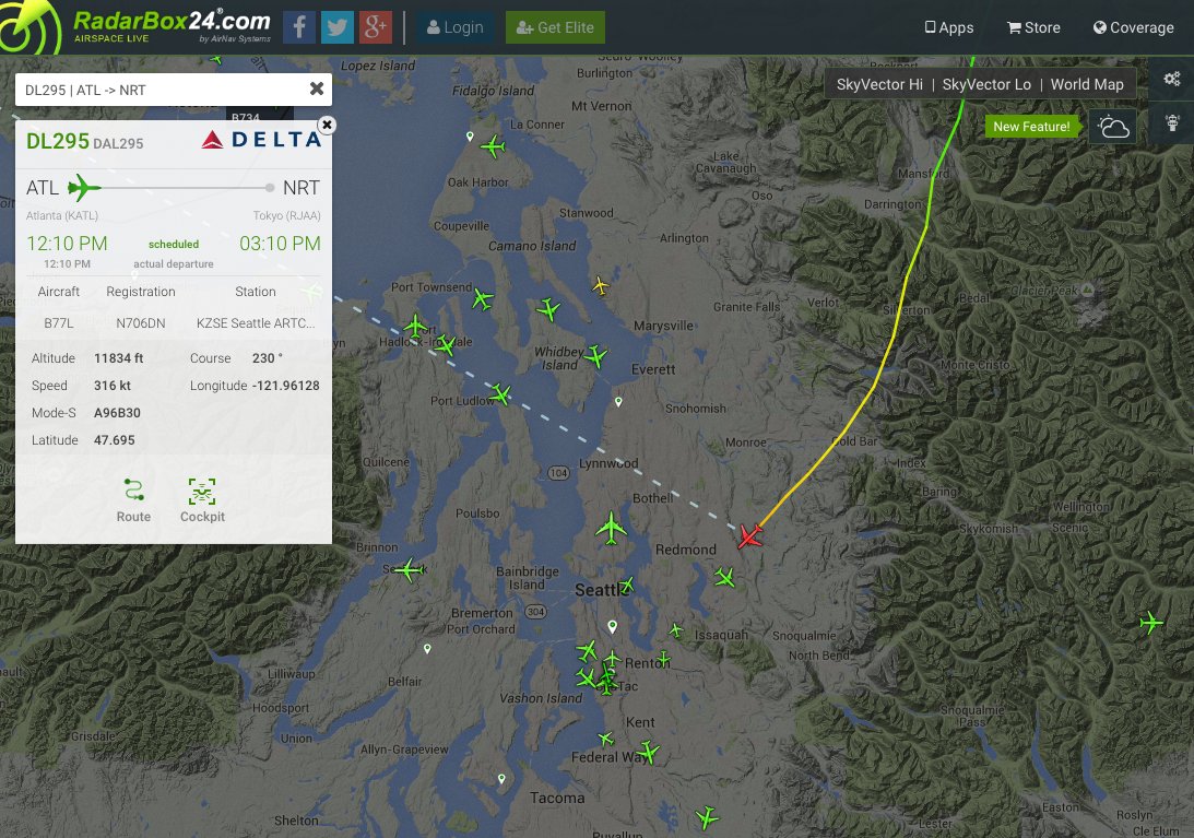 airlivenet's tweet photo. LIVE Delta #DL295 to Tokyo is diverting to Seattle - @PlanesAtPaine https://t.co/CdlzPf5iFE