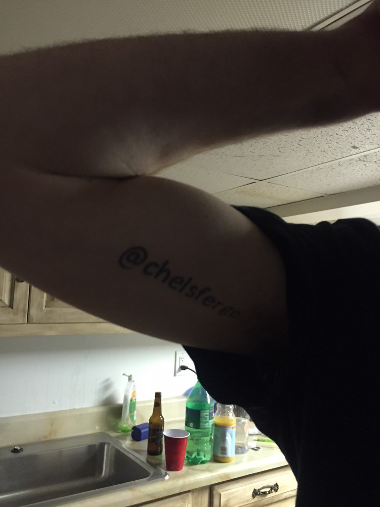 SamRIrwin's tweet photo. @chelsfergo my house mate walks in with this tattoo! WTF 😂 https://t.co/JT9SayaVJO