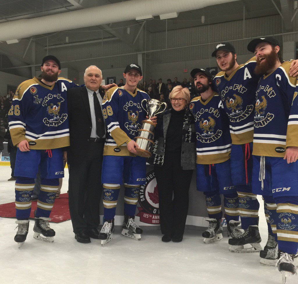 OHAhockey1's tweet photo. 2016 #sutherlandcup champs @ProFitCorvairs accept the cup after game 4 4-3 OT win over @LondonNationals. @GOJHL https://t.co/j61OTmRIyO