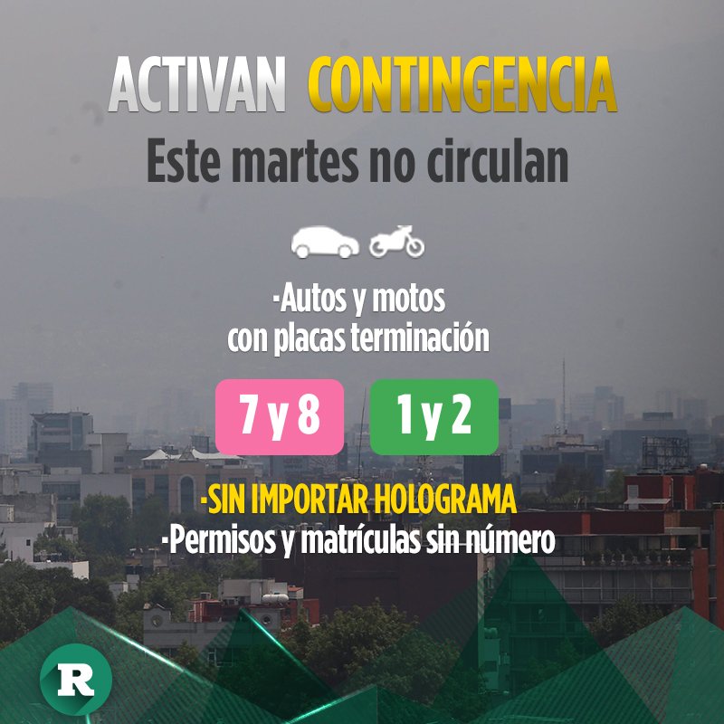 Reforma's tweet photo. ¡Activan #ContingenciaAmbiental ! Mañana habrá Doble No Circula tras altos niveles de contaminación en la CDMX https://t.co/k1342eL8MX