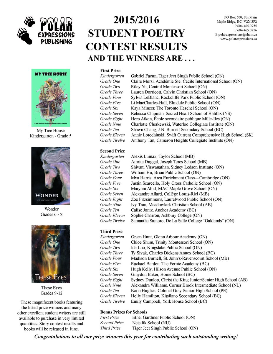 Congratulations to the final winners in our 2015/2016 National Student Poetry Contest along with all those published