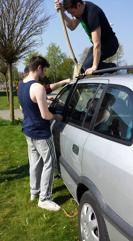 Breaking in to our own car. Tools of choice you ask? Wire and a spade :)