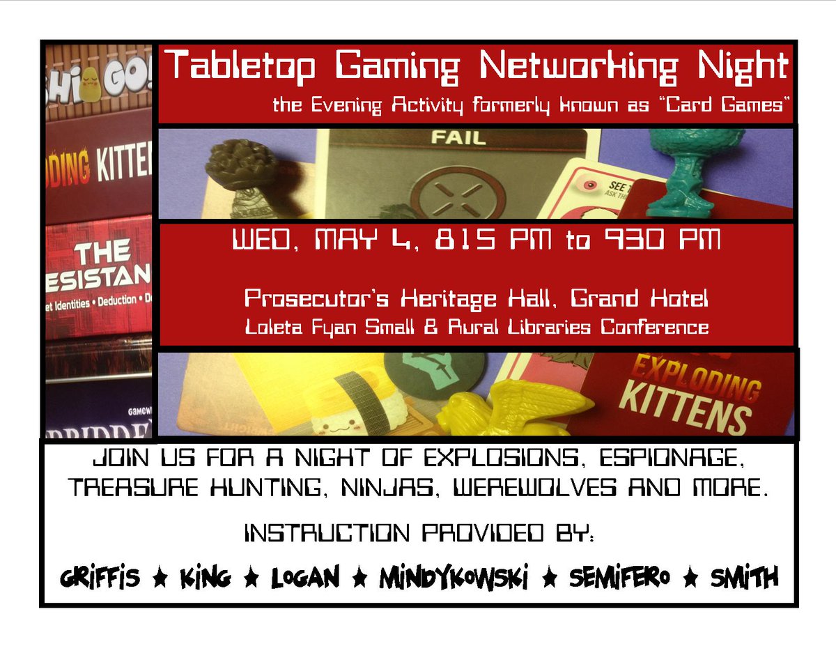 DMindykowski's tweet image. Attending @LibraryofMich Small &amp;amp; Rural Libraries Conf. this week? Join us for some tabletop gaming - Wed. 815 PM