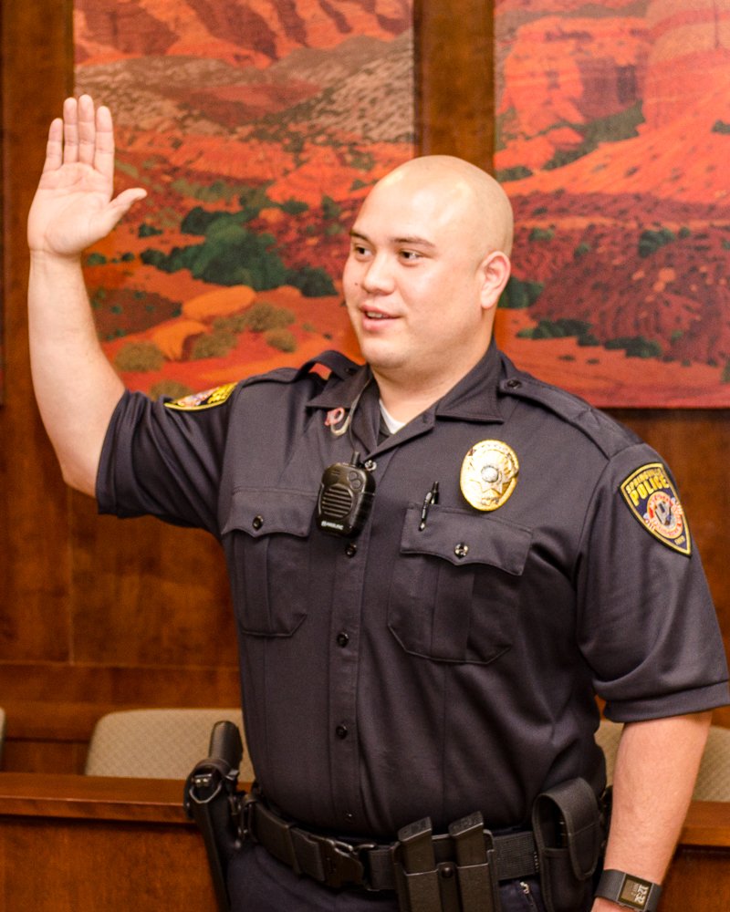 SpringvilleDPS's tweet photo. New Springville Police Offciers Eric LeBaron and CJ Lewis are sworn in during the last week.  Welcome to Springville https://t.co/AltIC6zght