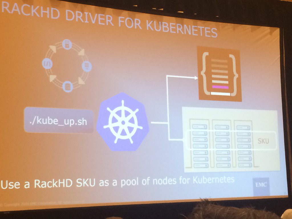 FabioChiodini's tweet photo. #RackHD is also expanding to work with #Kubernetees : more physical provisioning automation :) #EMCWORLD https://t.co/ZCnxyzBGTI