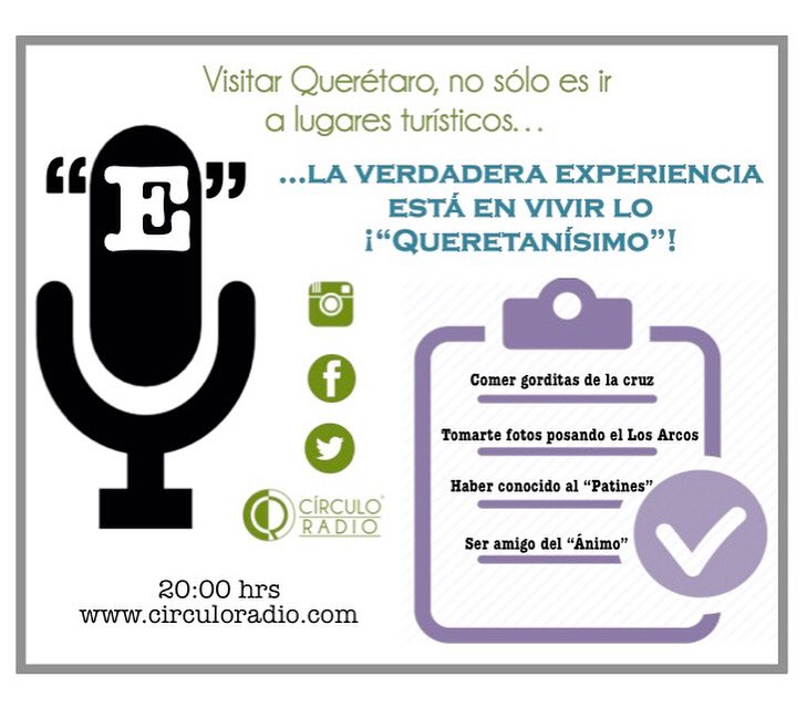 WPRadioQro's tweet photo. Como todos los lunes los esperamos 20:00 Hrs por @Circulo_Radio y tú...Que tan Queretanisimo has vivido!? https://t.co/MfupEVrZJG