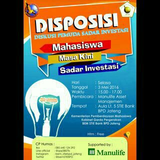 pada hari, tanggal: Selasa, 3 Mei 2016
pukul: 15.00
tempat: Aula Lt.5 STIE Bank BPD Jateng
Bersama <a href="/ManulifeRD/">Reksa Dana Manulife</a>