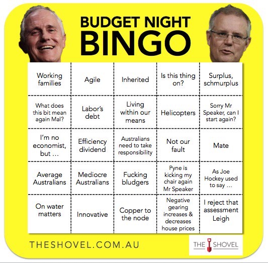 IT'S HERE! The Shovel's Budget Night Bingo ... print out your copy now. #auspol