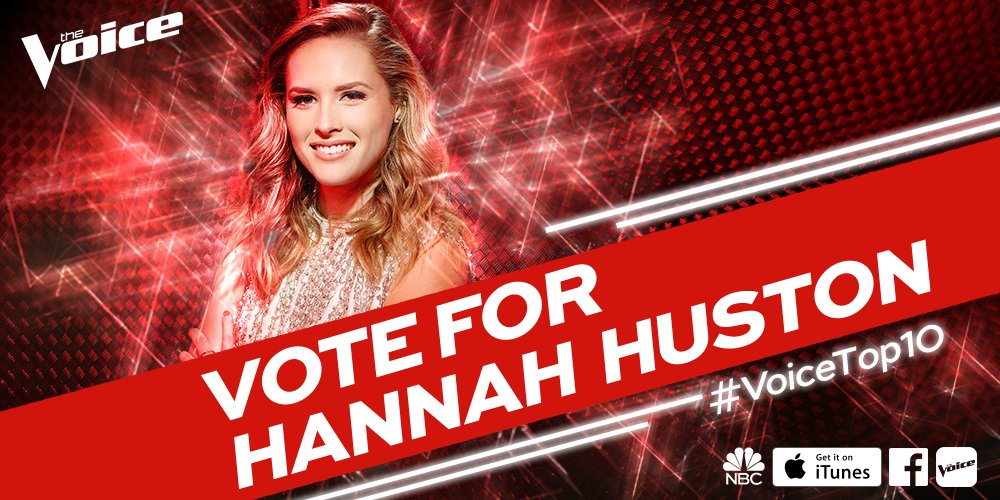 NBCTheVoice's tweet photo. If @thehannahhuston is going to be rolling in your votes, RETWEET because she has them all. #VoiceTop10 https://t.co/5v6vY3sQAQ