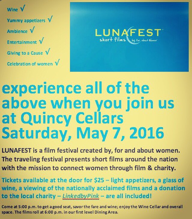QuincyCellars's tweet photo. Purchase your #LUNAFEST ticket at the door Saturday. #linkedbypink #erie #jamestown #wine #philanthropy #chautauqua https://t.co/vWEeMarZWG