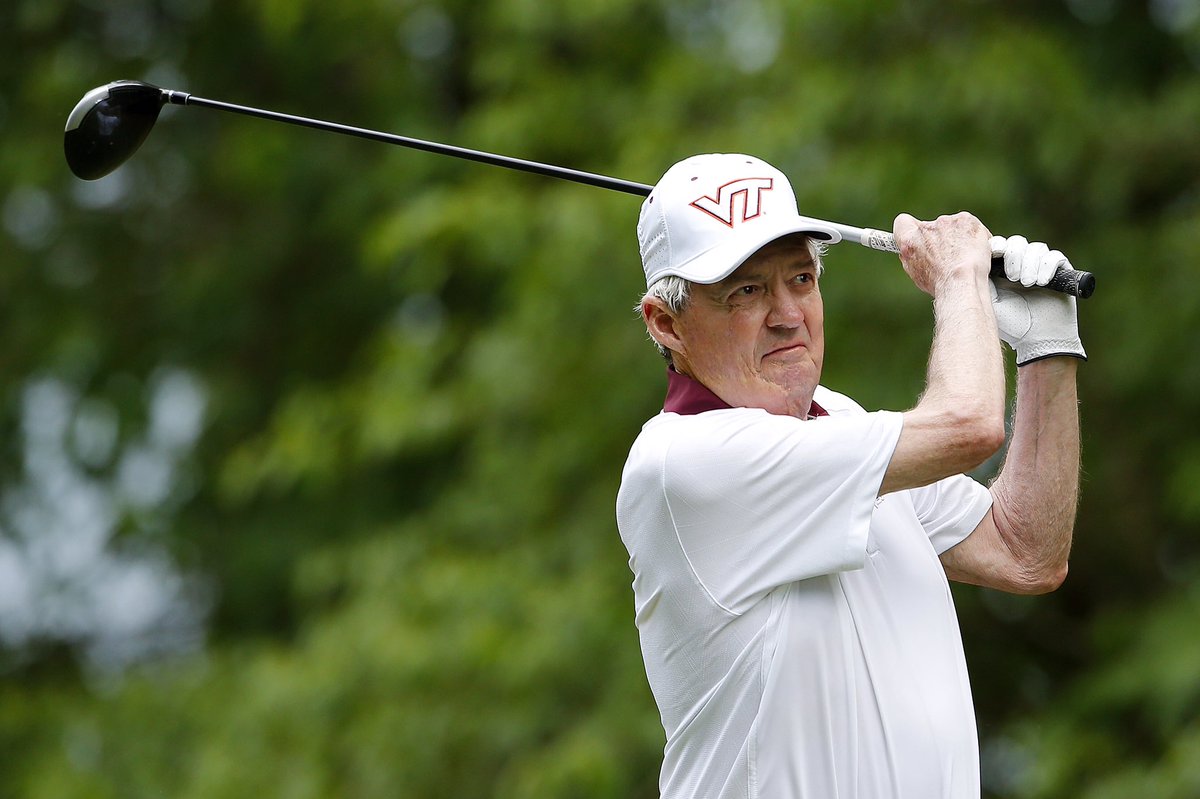 CFAPeachBowl's tweet photo. .@VT_Football's Frank Beamer and Cam Young shot a -2 on the front nine today. #CFAPBGolf https://t.co/bVXQs0l6sQ