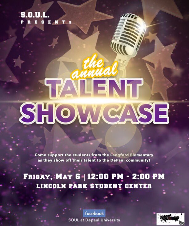 SOULDePaul's tweet photo. Come to the stu this Friday to cheer on our mentee's our annual showcase! 🎤💃🏽📓 https://t.co/0eyG9rD3ws