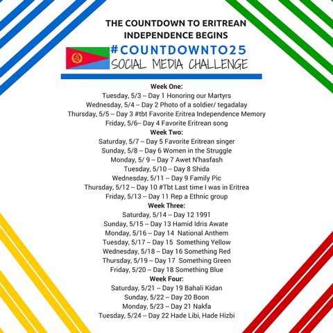 YPFDJDC's tweet photo. Join the #countdownto25 social media challenge. Share + participate by posting the following stuff daily!#Eritrea https://t.co/UI8cHlNaAq
