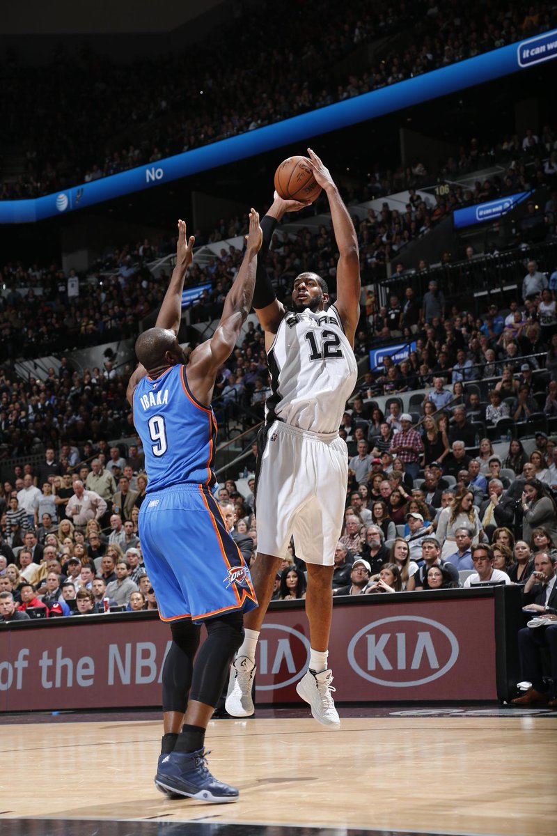 SportsCenter's tweet photo. LaMarcus Aldridge for 3! He has 38 Pts for 2nd game in row 🔥🔥🔥🔥.

Spurs down 4 after Westbrook's free throws. https://t.co/GrInEjC4vP