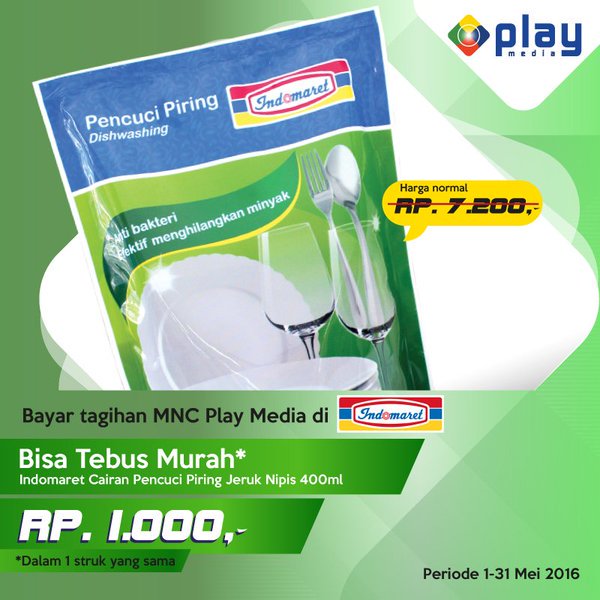 Bayar tagihan <a href="/MNCPlayMedia/">MNC Play</a> di <a href="/Indomaret/">Indomaret</a> bisa beli Indomaret cairan pencuci piring cuma 1000 dlm 1 struk yg sama!