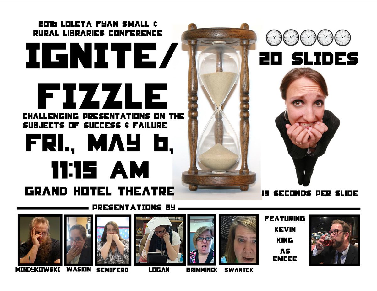 DMindykowski's tweet image. Timing is everything: 20 slides, 15 seconds per slide.  Ignite/Fizzle comes to @LibraryofMich Rural Libraries Conf.