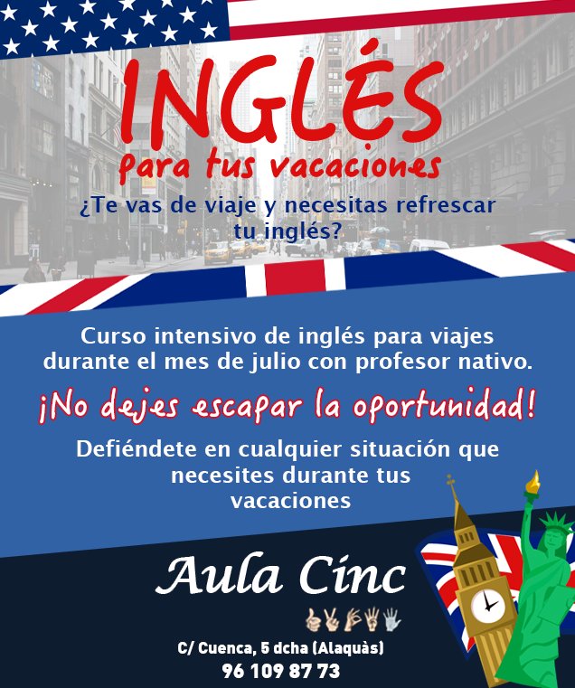 auladestudi5's tweet photo. Refresca tu #inglés para estas #vacaciones. Curso intensivo en #julio.
Tfn: 961098773 https://t.co/ylbjeVyzJA