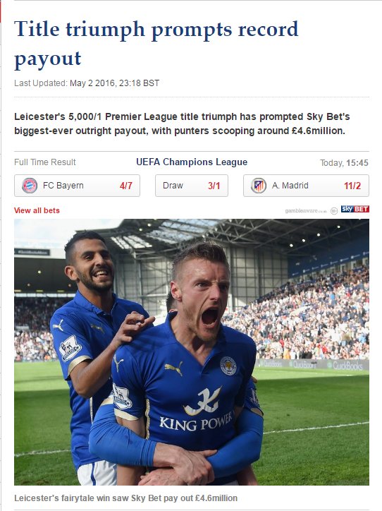 Leicester's 5,000/1 triumph has prompted Sky Bet's biggest payout, with£4.6million <a href="/TazFM96/">Taz From the Radio</a> @FM96JimKelly @SherFM96