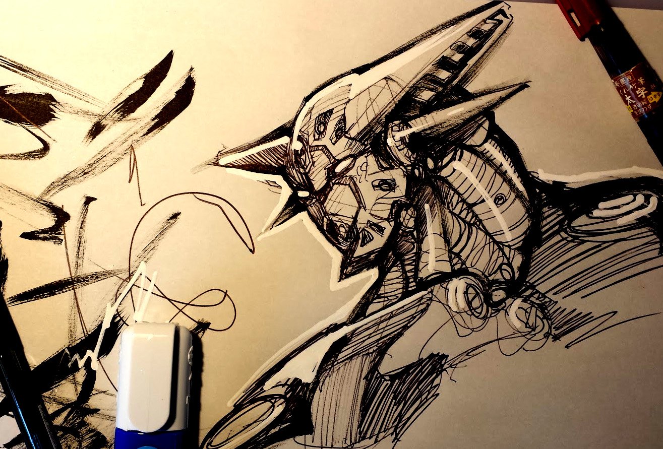 カラテマスク 何かが胸で叫んでるからゲッターロボ一発描き ボールペン 筆ペン ジュビロ液 左下の青い修正液 で５分くらい 藤田和日郎先生がテレビで使ってた修正液に影響されて当作業場のメンバーは全員コレを買いまくっている 通称ジュビロ液