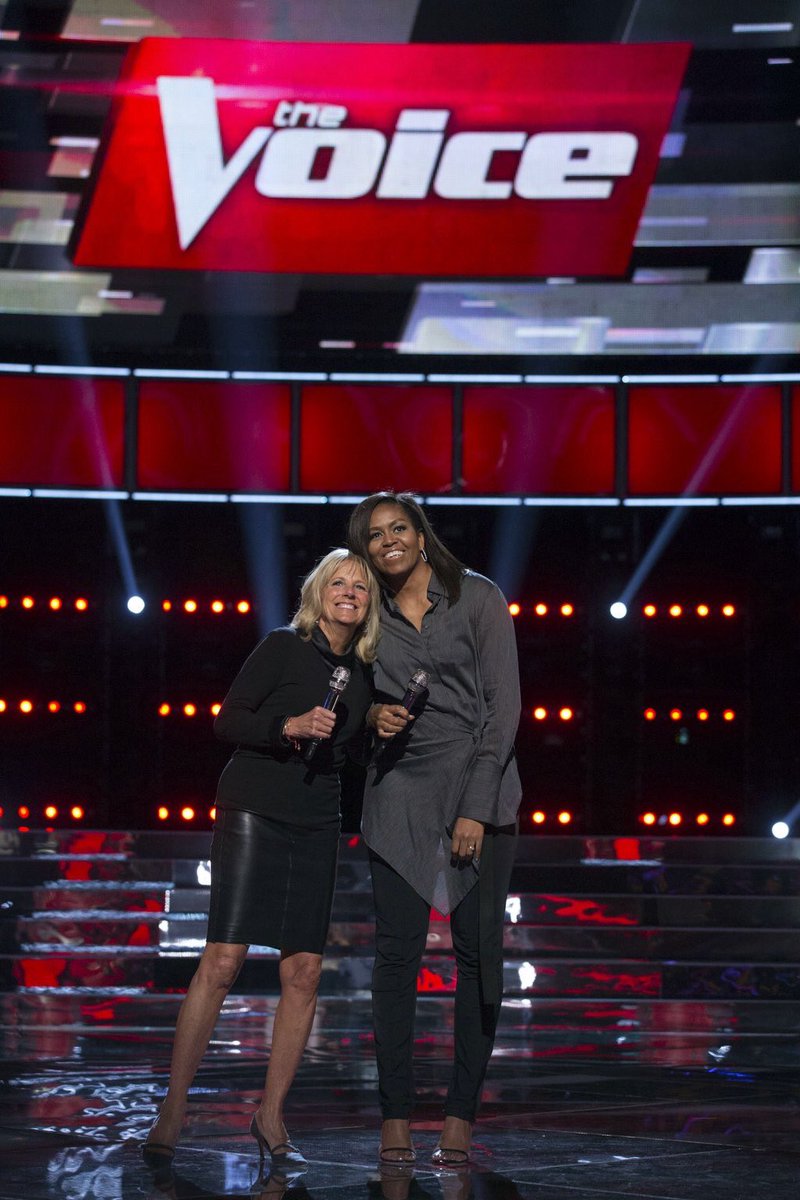First Lady Michelle Obama and Dr. Jill Biden rehearse prior to the kick off of the 5th anniversary of their Joining Forces initiative on NBC's The Voice at The Voice studio in Burbank, Calif., May 2, 2016. (Official White House Photo by Amanda Lucidon)