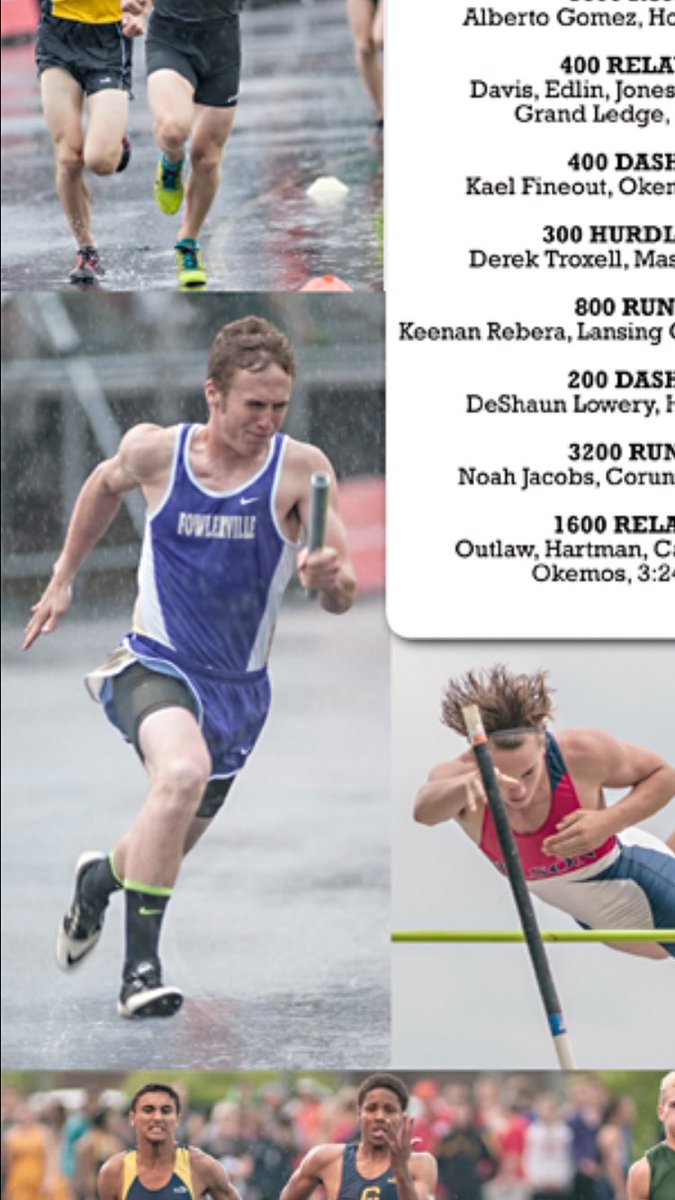 FowlervilleXC's tweet photo. #FVLTF #Alumni @2Gibbons 4x200m relay rain start makes the cover of the #HonorRoll poster! #UnityPrideTradition https://t.co/V1MQMZv25v