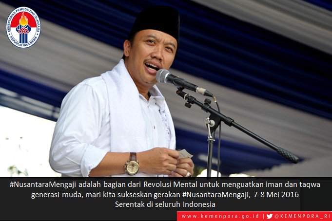 KEMENPORA_RI's tweet photo. Dengan #NusantaraMengaji mari kita jadikan Revolusi Mental sebagai dasar dalam program-program nasional bangsa https://t.co/dw4NmuiGlO
