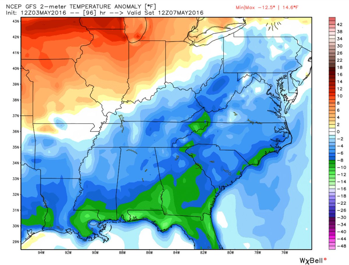 matt_wimberly's tweet photo. GFS model thinking temps along Gulf Coast could be 10+ degrees below avg Sat morn #runBRAAS @TheSlowPolks https://t.co/RHqOmjtPiR