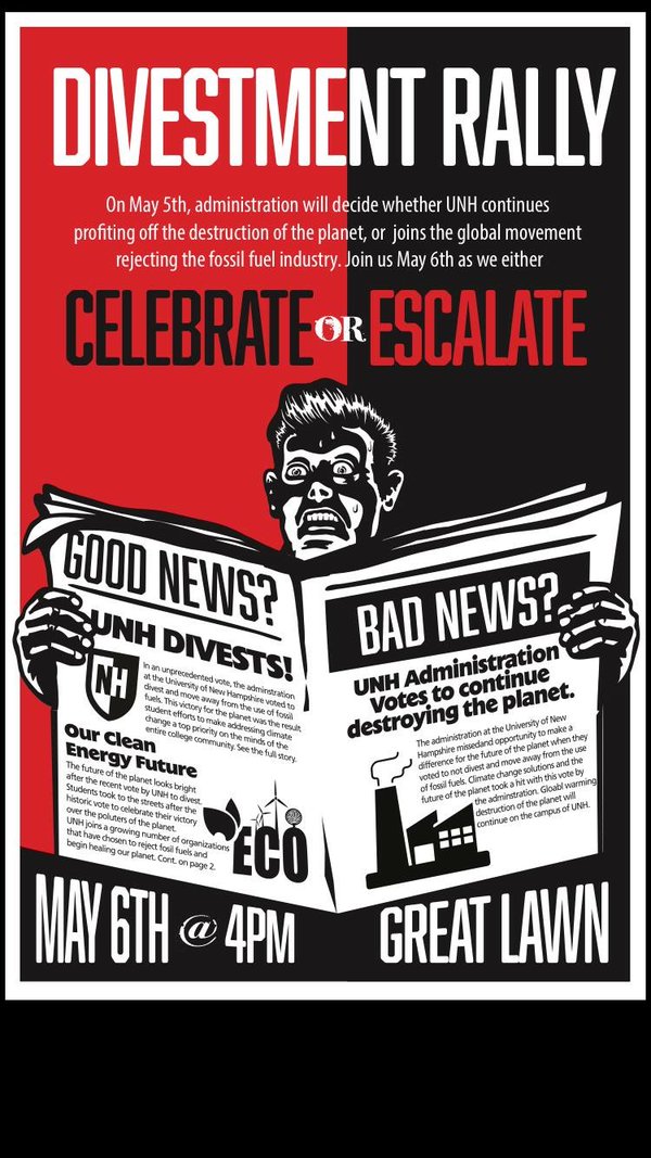 Big divestment rally Friday at UNH <a href="/DivestUNH/">Divest UNH</a> should get some kind of prize for great poster!