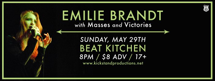 kickstandshows's tweet photo. JUST ANNOUNCED: @emiliebrandt w/ @massesofficial &amp; Victories on Sun, May 29th @beatkitchenbar! Get tix @ticketfly! https://t.co/9HWsoPpVcB