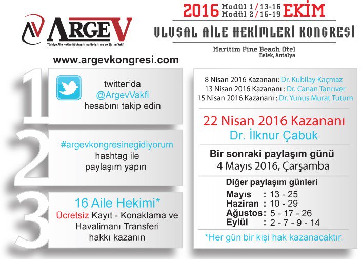 4 Mayıs günü. #argevkongresinegidiyorum hashtag ile paylaşım yapın, ücretsiz kayıt, konaklama ve havaalanı transferi