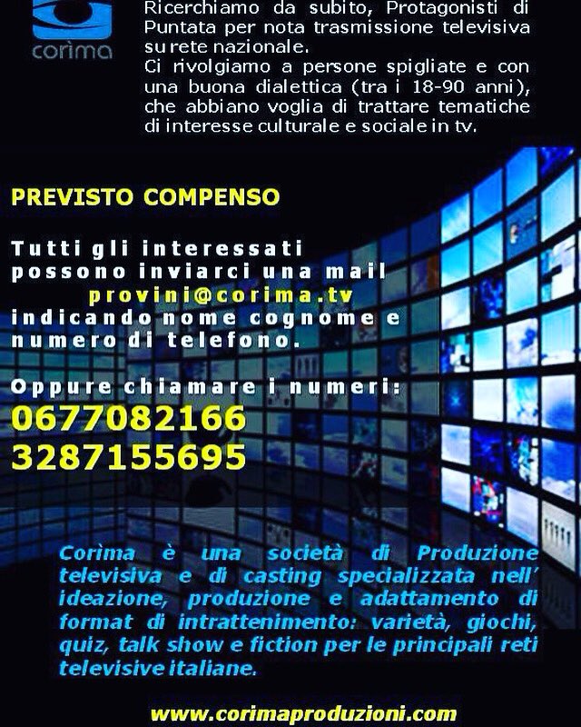 Corima_Srl's tweet photo. Sabato 7 maggio saremo in piazza a #montebuono #casting #castingcall #provini #corimaproduzioni #tv #mediaset https://t.co/p5njlBIlyR
