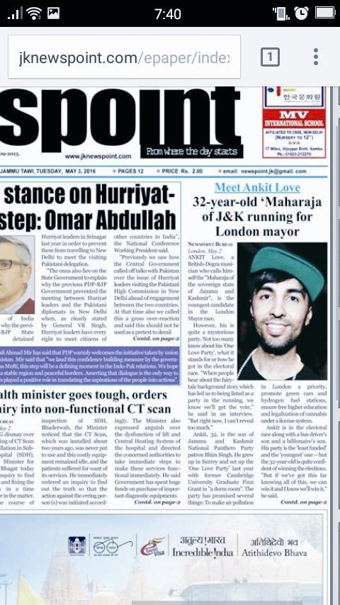 fueledbyzoddie's tweet photo. Ankit Love in news across J&amp;K @OneLovePartyUK 
#AnkitLoveForLondonMayor #LondonMayoral #OneLoveParty https://t.co/8XRy2pqWTw