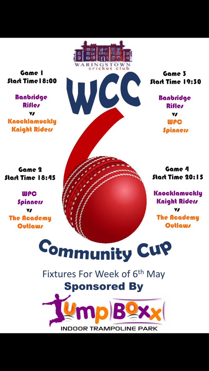 WaringstownCC's tweet photo. WCC Community Cup starts on Friday at The Lawn. Come along and support! Thanks to our sponsors @JumpBoxxNI https://t.co/eCCH8qjoeX