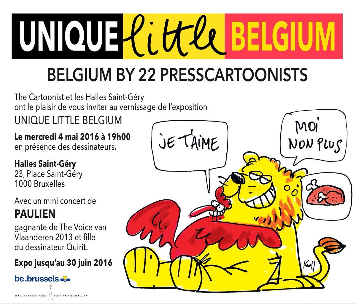TheCartoonistBE's tweet photo. Demain 19h Halles Saint-Géry: Vernissage expo UNIQUE LITTLE BELGIUM avec mini-concert de PAULIEN! Bienvenue à tous! https://t.co/nr7CjqHGJ0