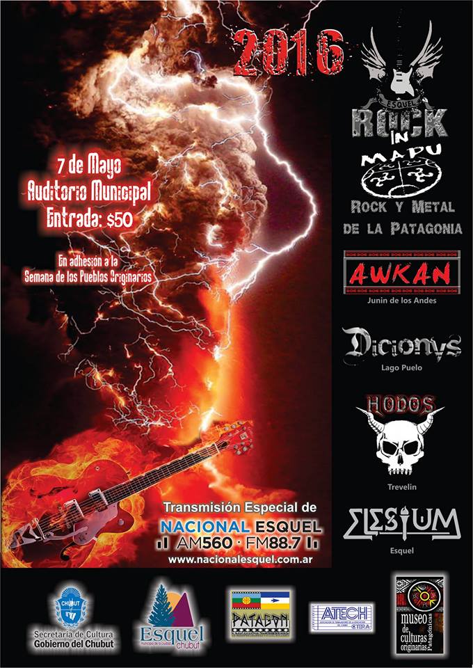 MuniEsquel's tweet photo. Rock In Mapu 2016
#Awkan #Dicionys #Hodos #Elesium Rock y Metal de la Patagonia
07Mayo 21hs $50 https://t.co/ziDcvMHdNj