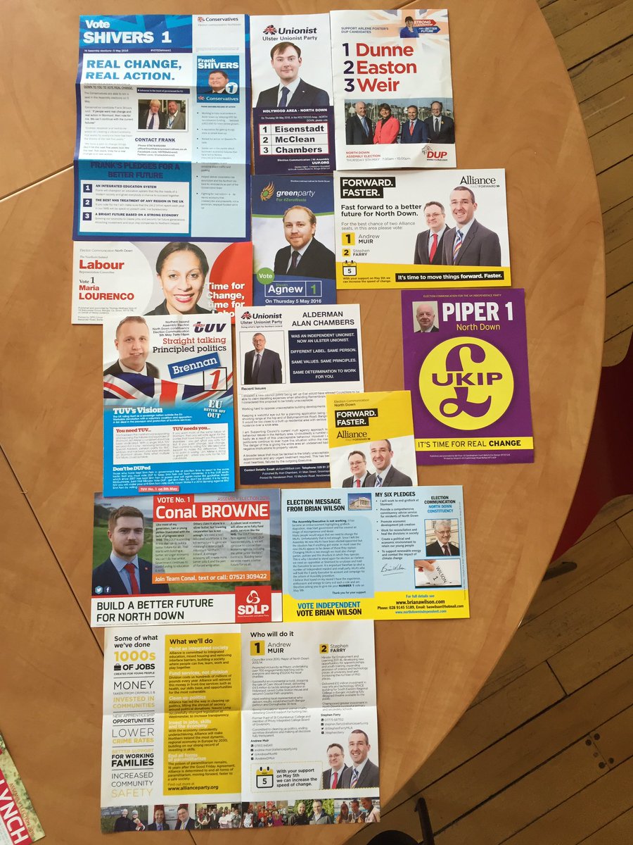 QuintinOliver's tweet photo. Nearly a full crop of #AE16 leaflets for #NorthDown - will @thelinenhall archive them? https://t.co/Oo6akCSVz4