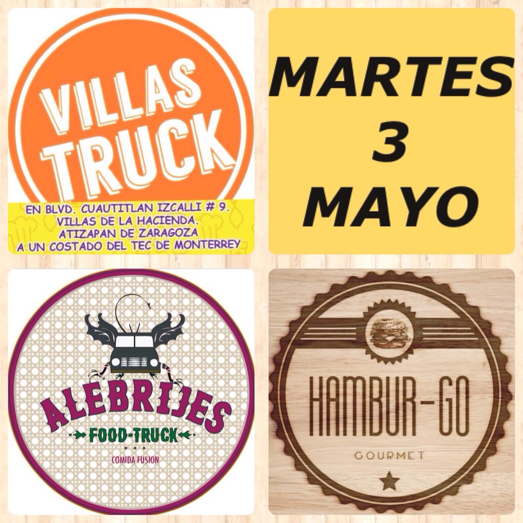 Martes
Hamburguesas hotdogs cochinita y mas a un costado del <a href="/ITESMCEM/">Tec Estado de México</a> <a href="/HamburgoFT/">HamburGo Food Truck</a> <a href="/AlebrijesFT/">Alebrijes Ft</a>