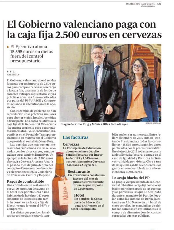 PPBenetusser's tweet photo. La 'nueva política' de @compromis y @socialistesVal es esto: gastarse e DINERO DE TODOS en birras #Birragate https://t.co/G3igAwg7Uo