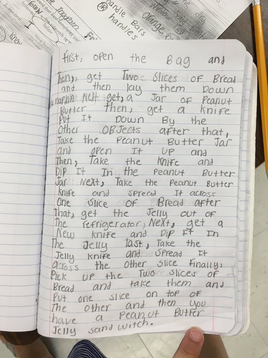 misssmithOES's tweet photo. Very detailed, step by step directions helped to create the perfect peanut butter and jelly sandwich! #oeschat https://t.co/mMOlNict5M