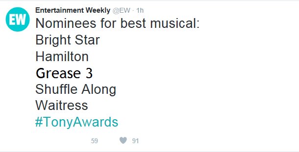 eastwes's tweet photo. Oh hell yeah, do it, Grease 3! #Grease3 #RevengeOfNogerelli #TonyAwards https://t.co/jJQ8rer2lY