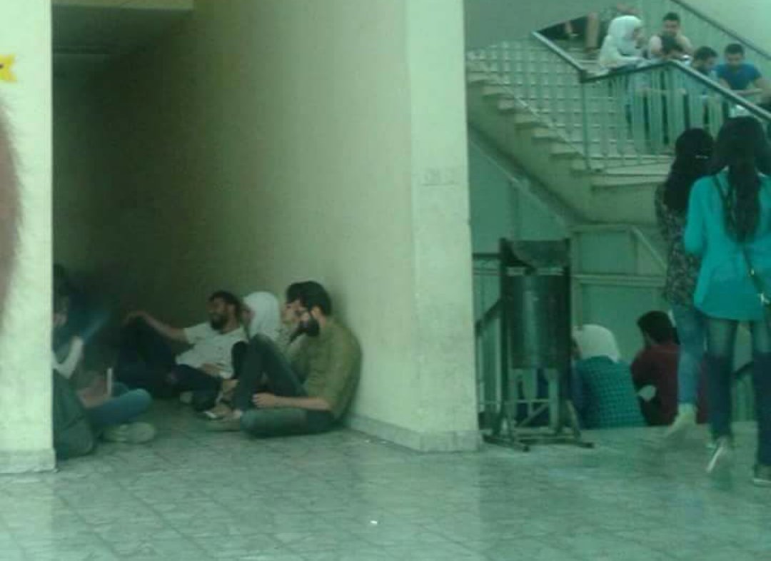 Syria_Memories's tweet photo. Today in the University of #Aleppo, students staying inside waiting for the crossfire to stop. https://t.co/k2vISMSmS9