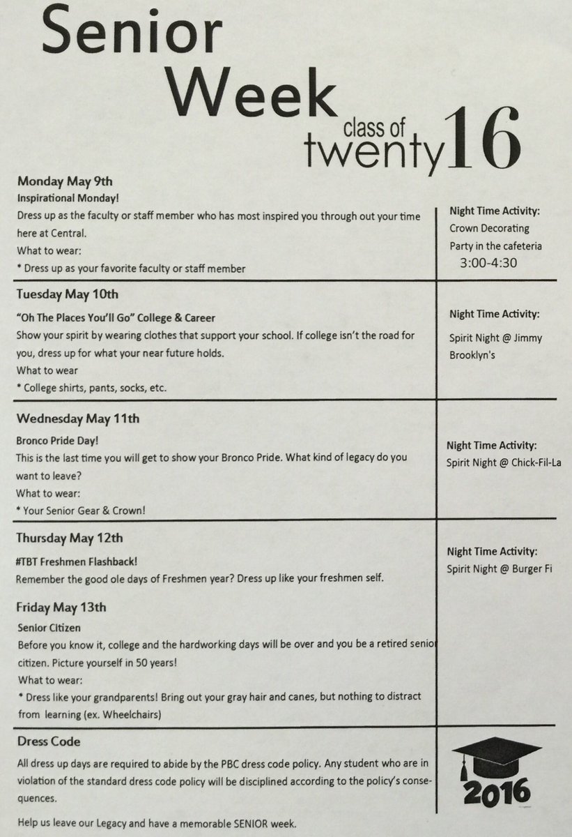 PBCHS2016's tweet photo. SENIOR WEEK IS HERE! Be sure to dress up next week May 9th - May 13th!! ❤️🎓 https://t.co/A1Qn2bYcAP